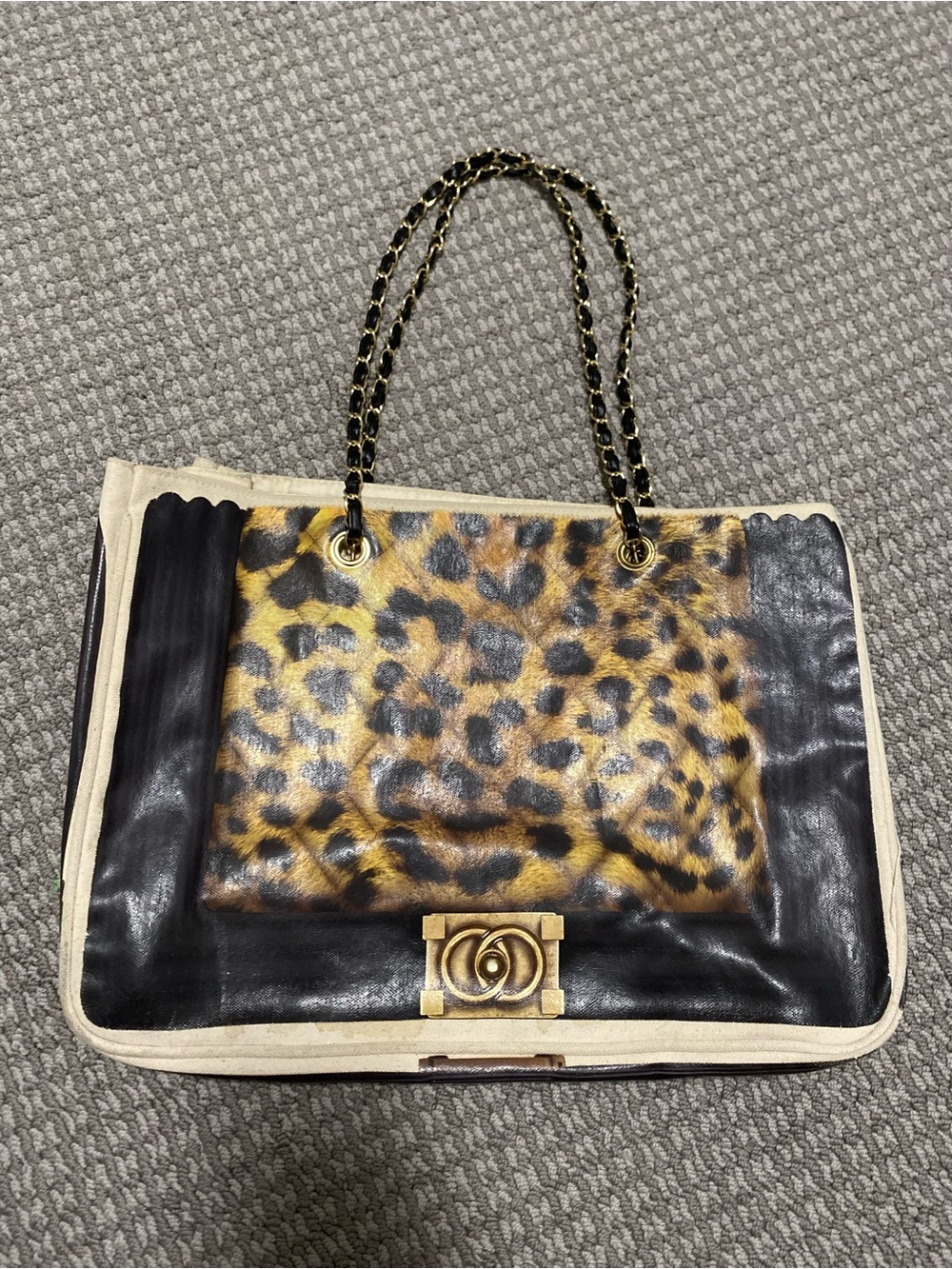Thursday Friday Leopard Canvas Print Tote Bag with Chain Handles